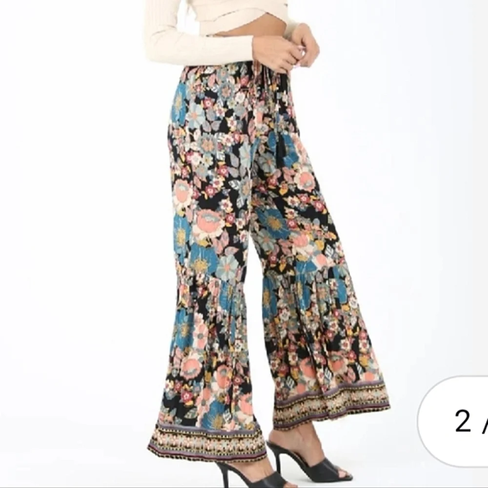 Angie Floral Wide-Leg Beach Flowy Pants Size Large Black Floral Peach Blue Multi - Picture 3 of 16